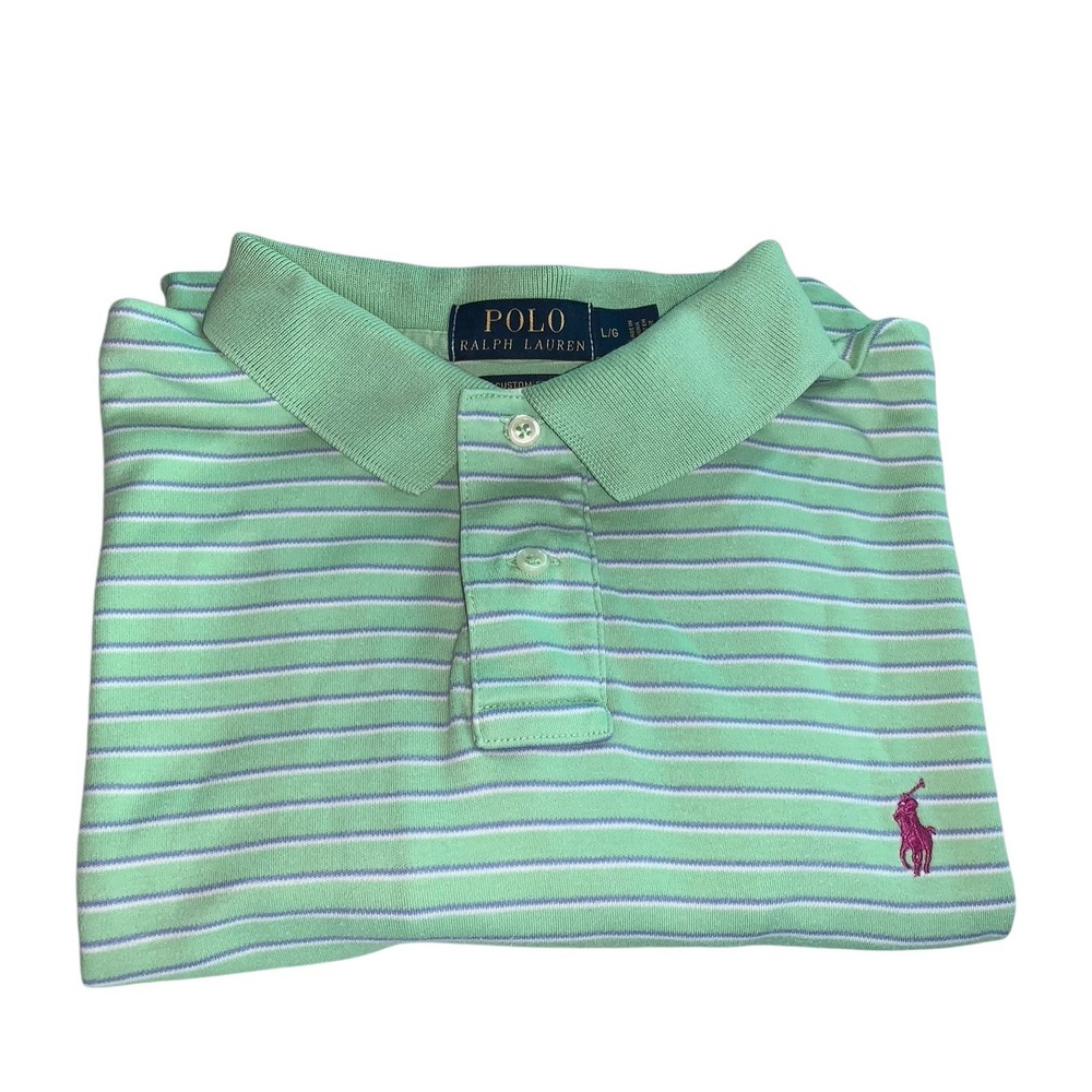 Polo Ralph Lauren Shirt Mens Large Green Stripes Custom Fit Maroon Pony Logo SS